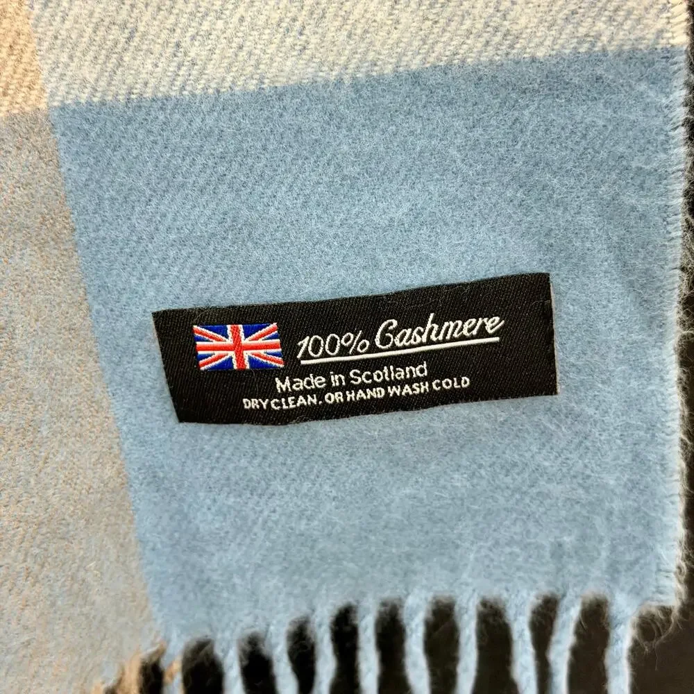 Unisex 100% Cashmere Fringe Blue Plaid Rectangle Scarf -Made in Scotland Classic
